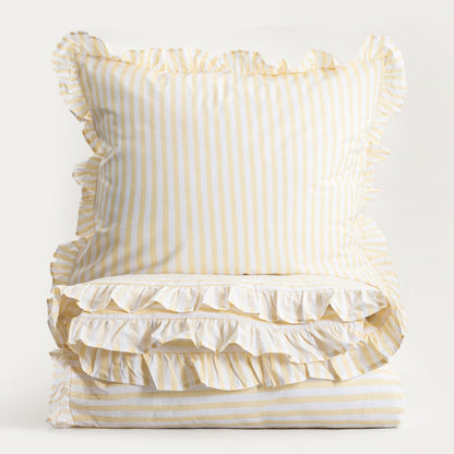 TRUDY Yellow Striped Cotton Duvet Set with Frill 220x200 + 2 Pillowcases