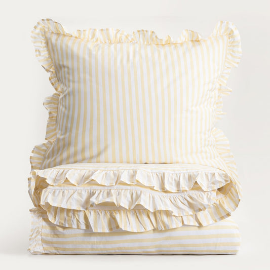 TRUDY Yellow Striped Cotton Duvet Set with Frill 140x200 + 70x80 cm