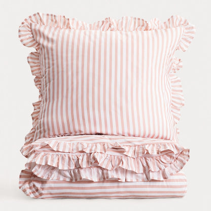 TRUDY Pink Striped Cotton Duvet Set with Frill 220x200 + 2 Pillowcases