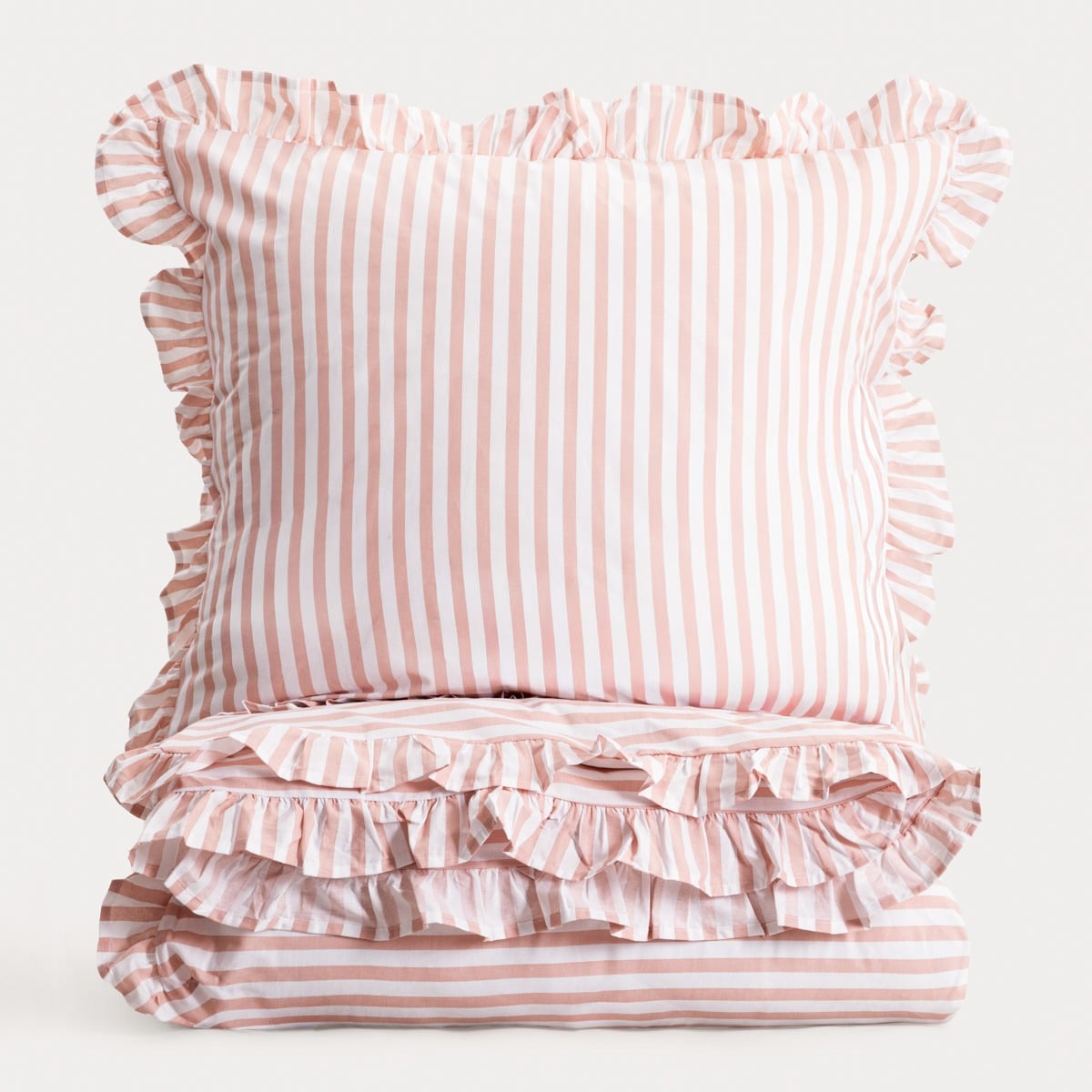 Trudy Pink Striped Cotton Bedding Set with Frill 140x200 + 70x80 cm