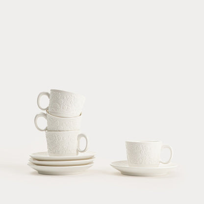 Set of 4 BENO White Ceramic Cups with Saucers