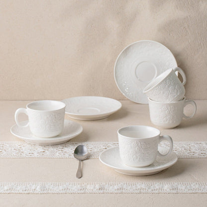 Set of 4 BENO White Ceramic Cups with Saucers