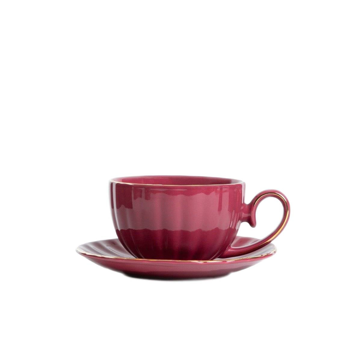 MINA Large Burgundy Ceramic Cup with Saucer 0.25L