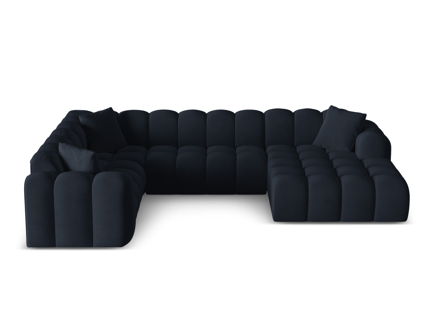 „Treno“ — panoraminė kampinė sofa, tamsiai mėlyna (Bluvel 89), juoda plastikinė, kairė