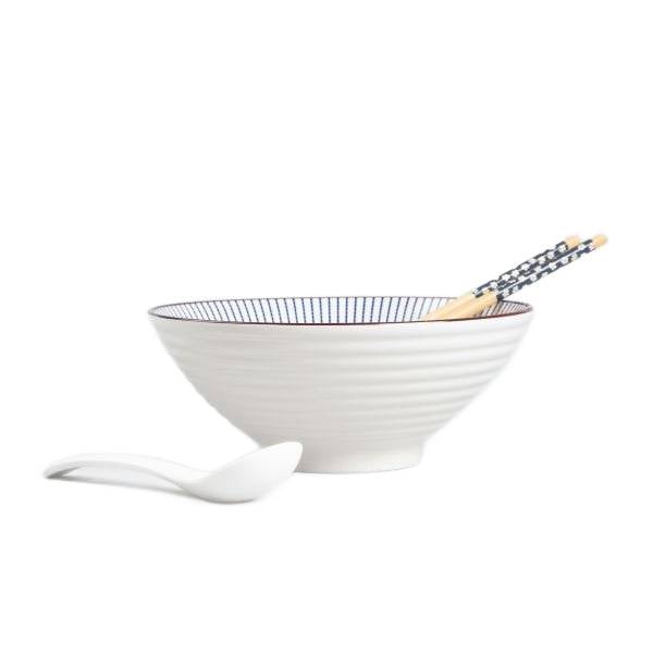 SALADO Ramen Set with Striped Brown Rim - 21 cm Ceramic Bowl