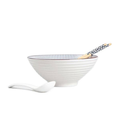 SALADO Ramen Set with Striped Brown Rim - 21 cm Ceramic Bowl