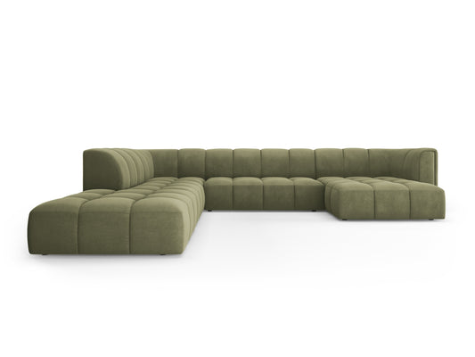 Moritz — Panoraminė kampinė sofa, šviesiai žalia (Rebel 18), juoda plastikinė, kairė