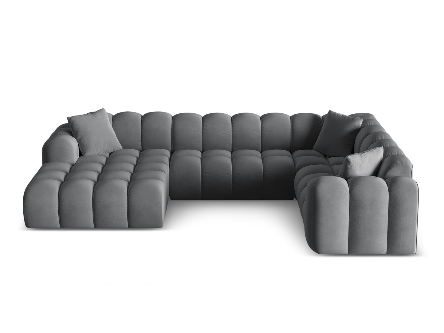 „Treno“ — panoraminė kampinė sofa, pilka (Bluvel 14), juoda plastikinė, dešinė