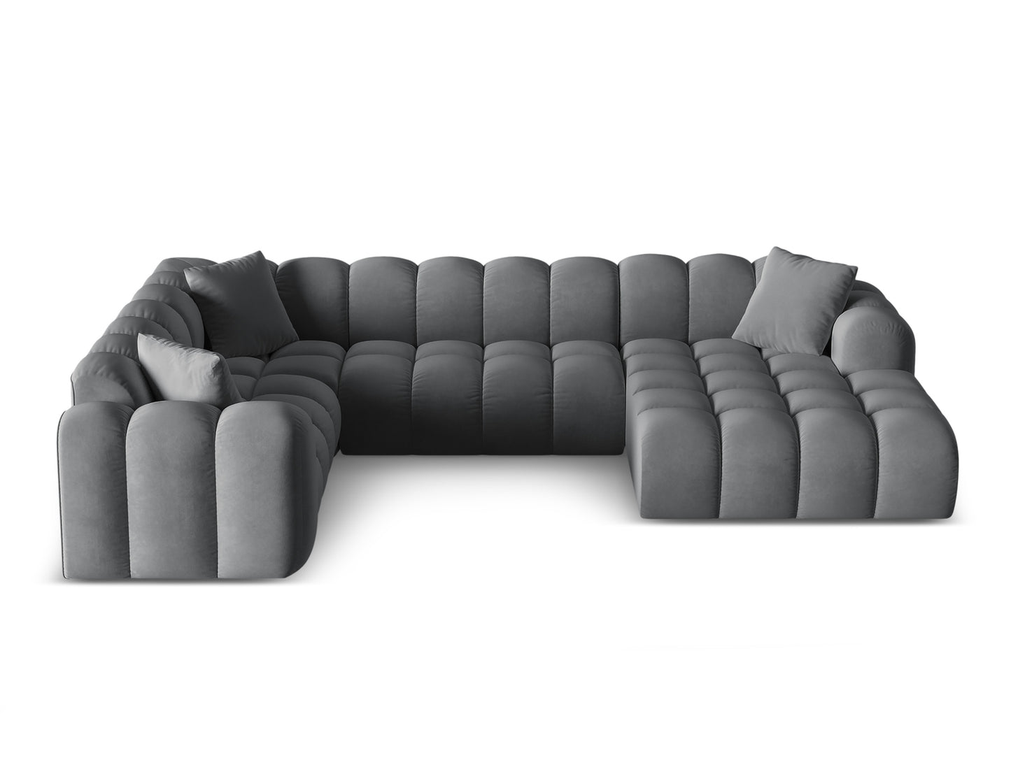 „Treno“ — panoraminė kampinė sofa, pilka (Bluvel 14), juoda plastikinė, kairė