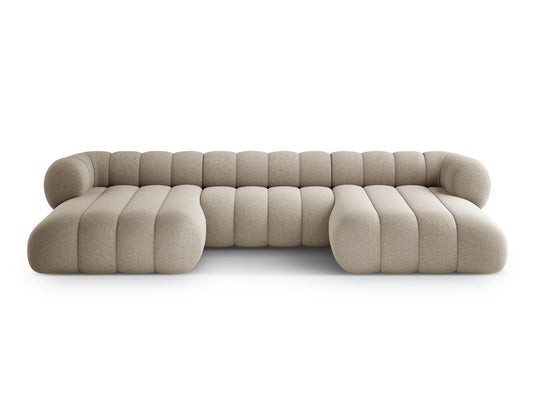 Koge — Panoraminė sofa, tamsiai smėlio spalvos (Eden 4 Beige), juodos spalvos plastikas