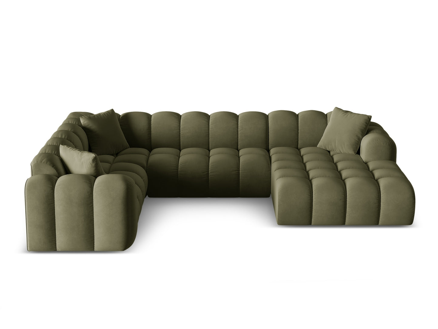 „Treno“ — panoraminė kampinė sofa, žalia (Bluvel 77), juoda plastikinė, kairė