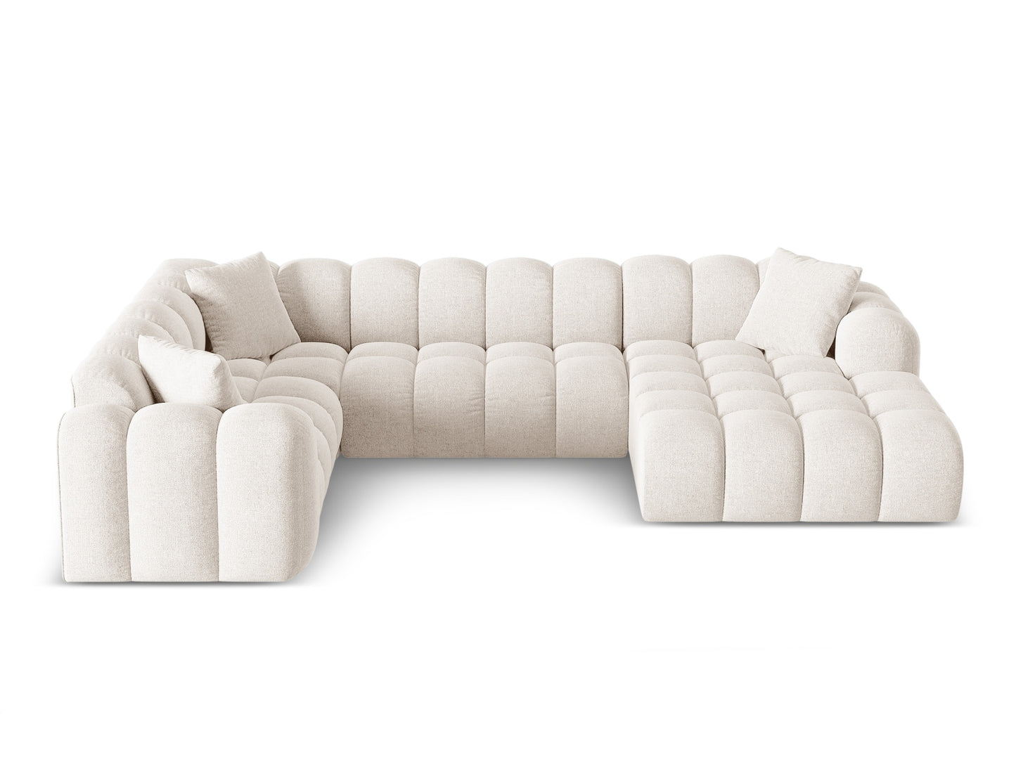 „Treno“ — panoraminė kampinė sofa, šviesiai smėlio spalvos (Eden 2 Pearl), juodos plastikinės kairės pusės