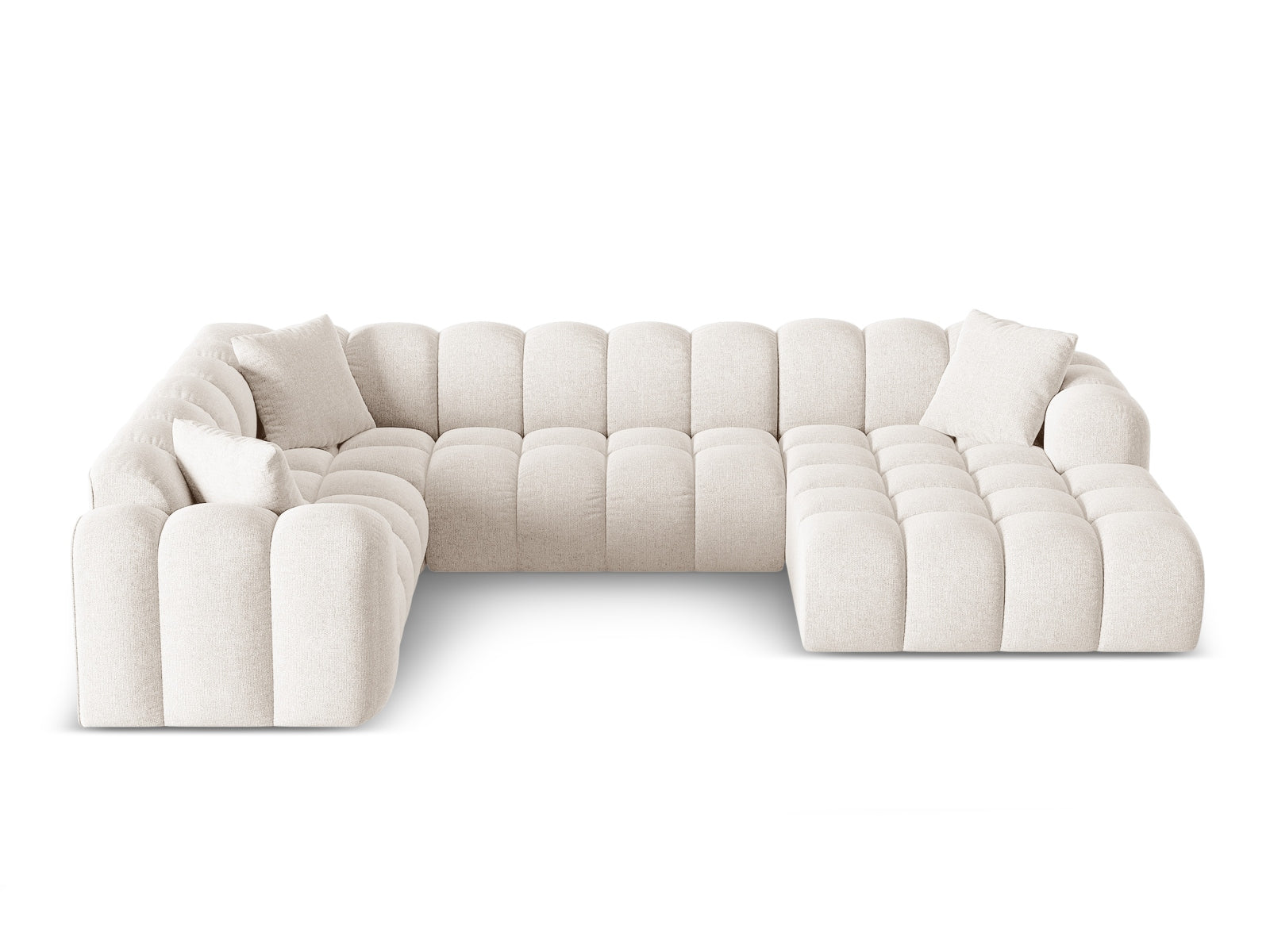 „Treno“ — panoraminė kampinė sofa, šviesiai smėlio spalvos (Eden 2 Pearl), juodos plastikinės kairės pusės
