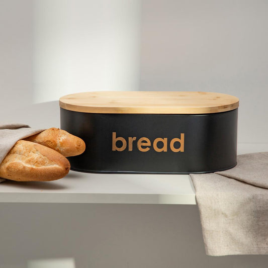 Parma Small Breadbox - Black Metal & Bamboo Bread Storage