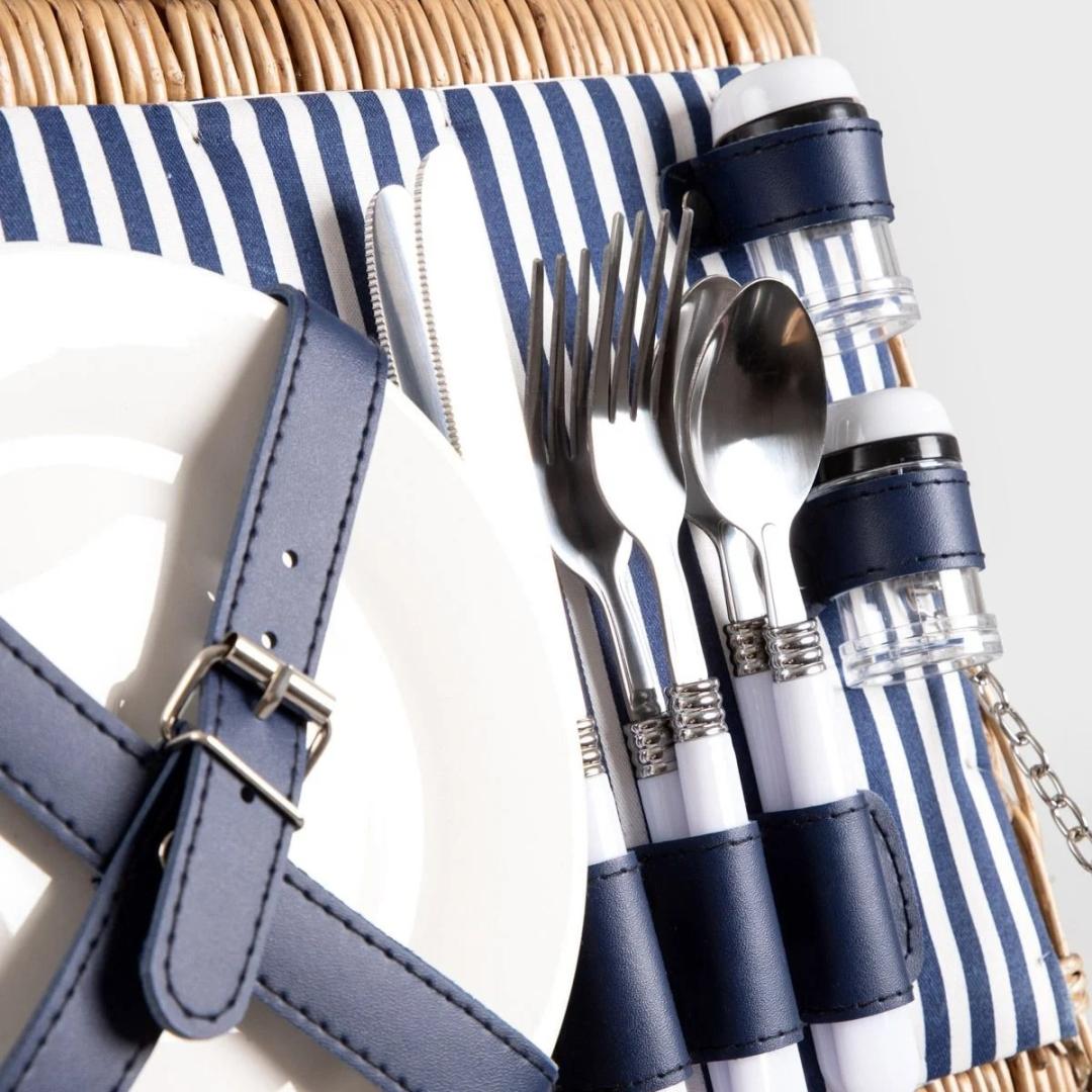 LORENZO Picnic Basket for 2 in Navy Blue Stripes 32x26x16 cm