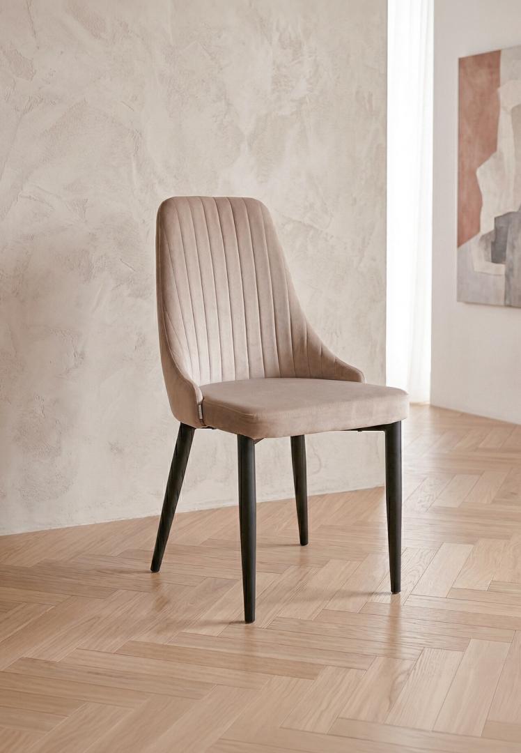 Louis Velour Beige Chair Upholstered with Black Metal Legs