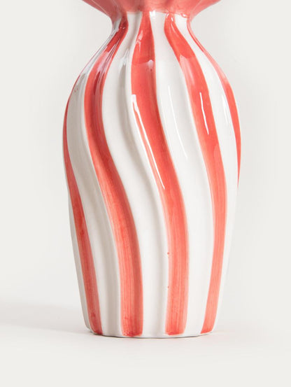 AURELIA Ceramic Vase with Corrugated Top in White and Coral