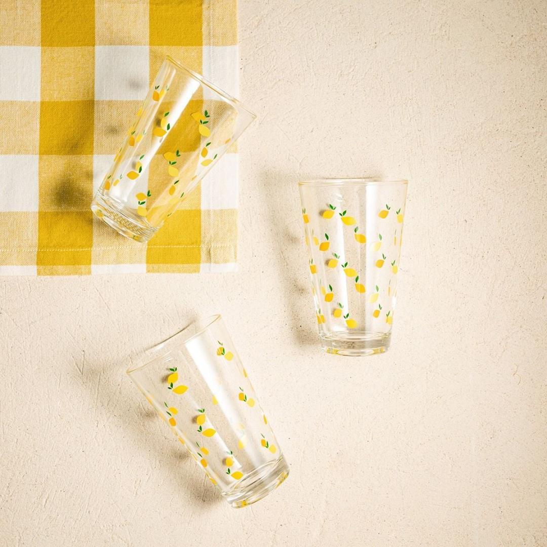 TOKEN SUMMER Glass Mugs in Lemons, Set of 3, 0.3L