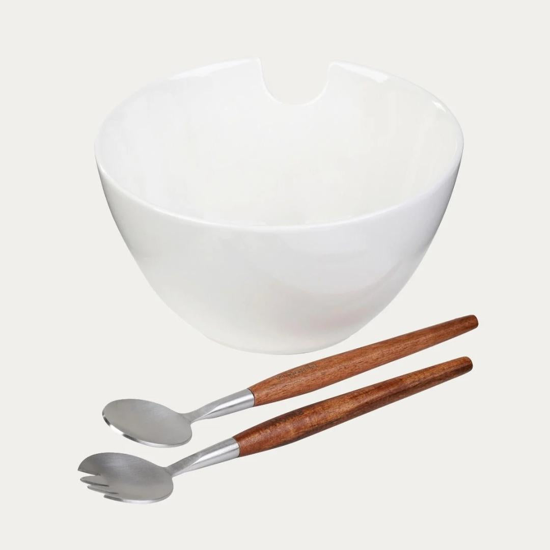MOOKA Ceramic Salad Bowl with Utensils White 24 cm