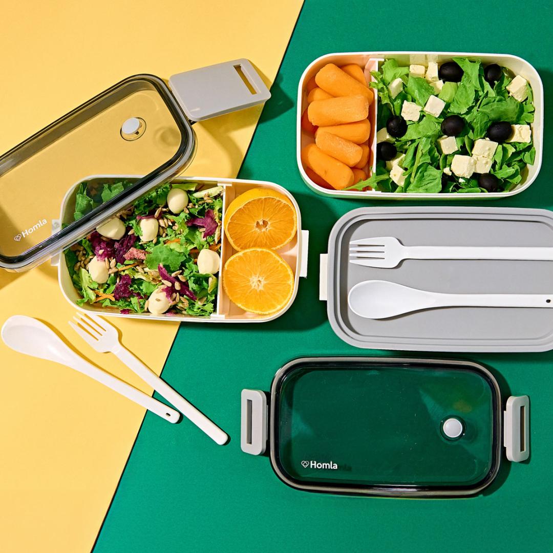 LOENE White Lunchbox 0.75L with Compartments and Utensils
