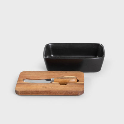MOOKA Porcelain Butter Bowl with Acacia Lid and Knife - Black