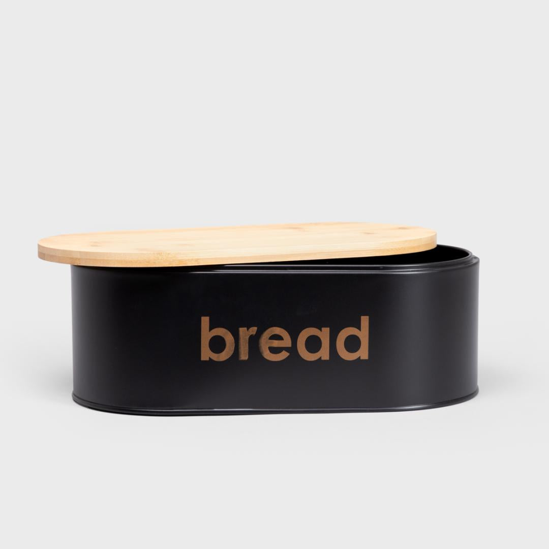 Parma Small Breadbox - Black Metal & Bamboo Bread Storage