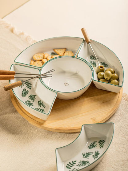 FINCAN Ceramic Serving Platter with Green Leaves 30cm