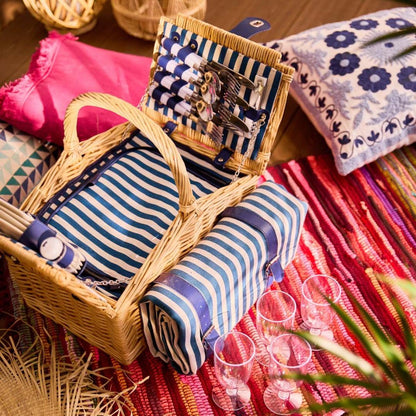 LORENZO Picnic Basket for 2 in Navy Blue Stripes 32x26x16 cm