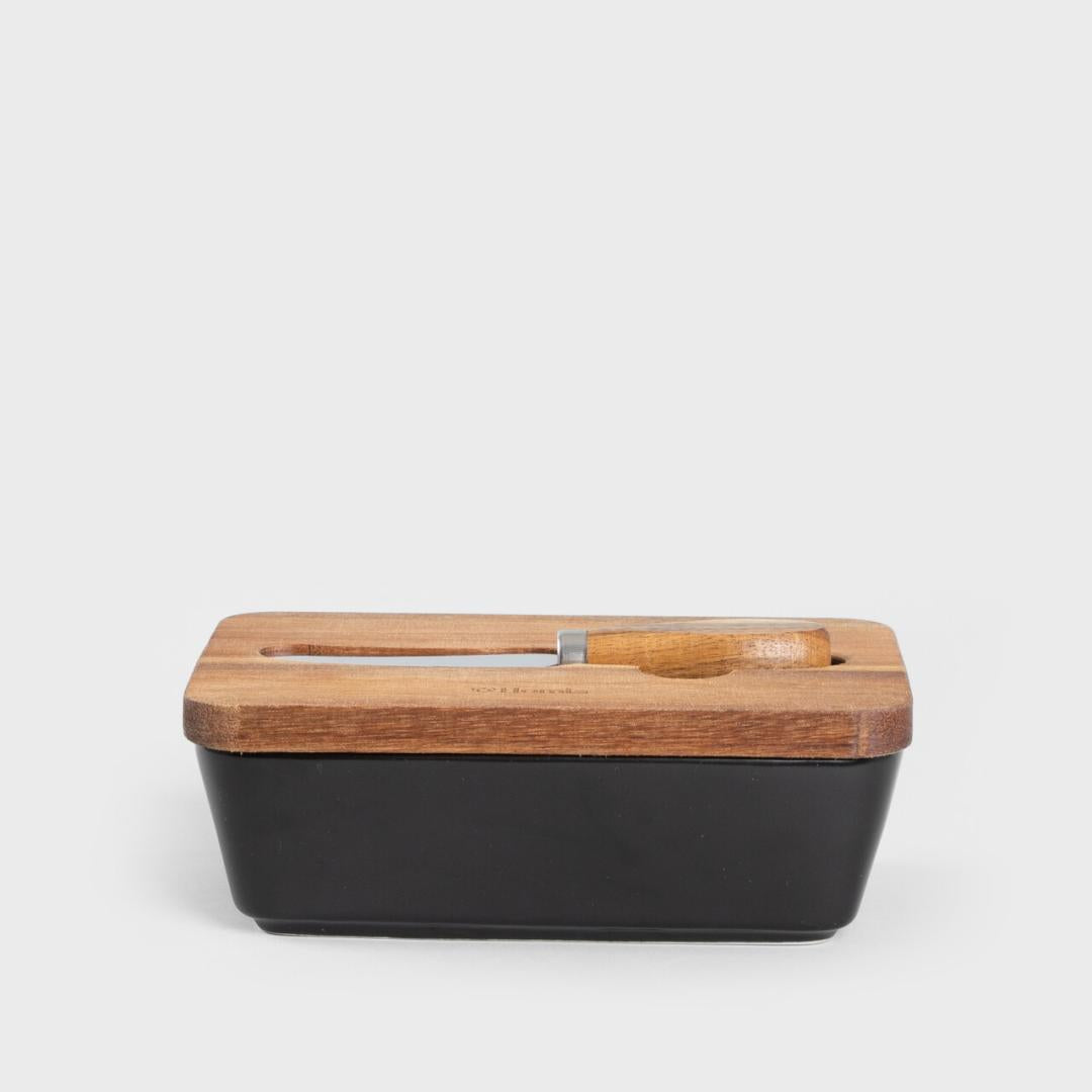 MOOKA Porcelain Butter Bowl with Acacia Lid and Knife - Black
