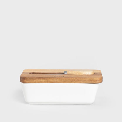 MOOKA Porcelain Butter Bowl with Acacia Lid and Knife White