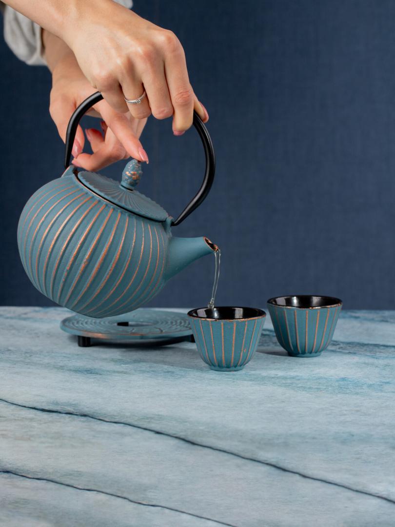 ANDREAS Cast Iron Blue Gold Tea Set - 4 Piece Infuser Set