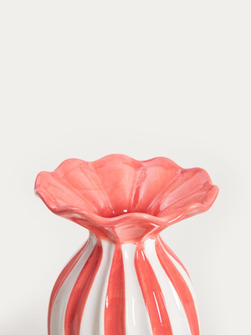 AURELIA Ceramic Vase with Corrugated Top in White and Coral