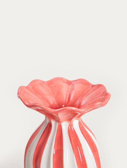 AURELIA Ceramic Vase with Corrugated Top in White and Coral