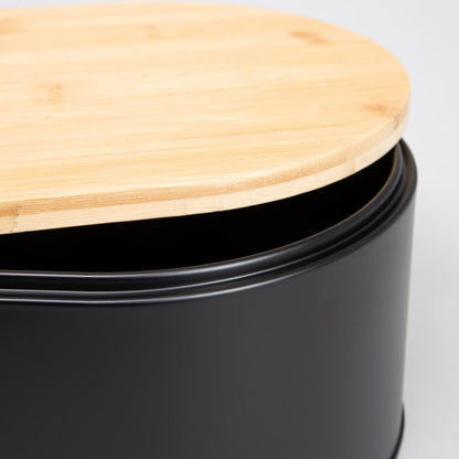 Parma Large Breadbox - Black Metal & Bamboo Bread Storage