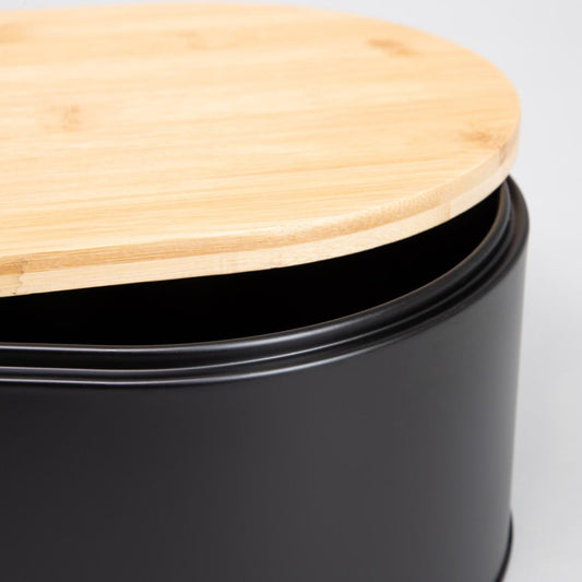 Parma Large Breadbox - Black Metal & Bamboo Bread Storage
