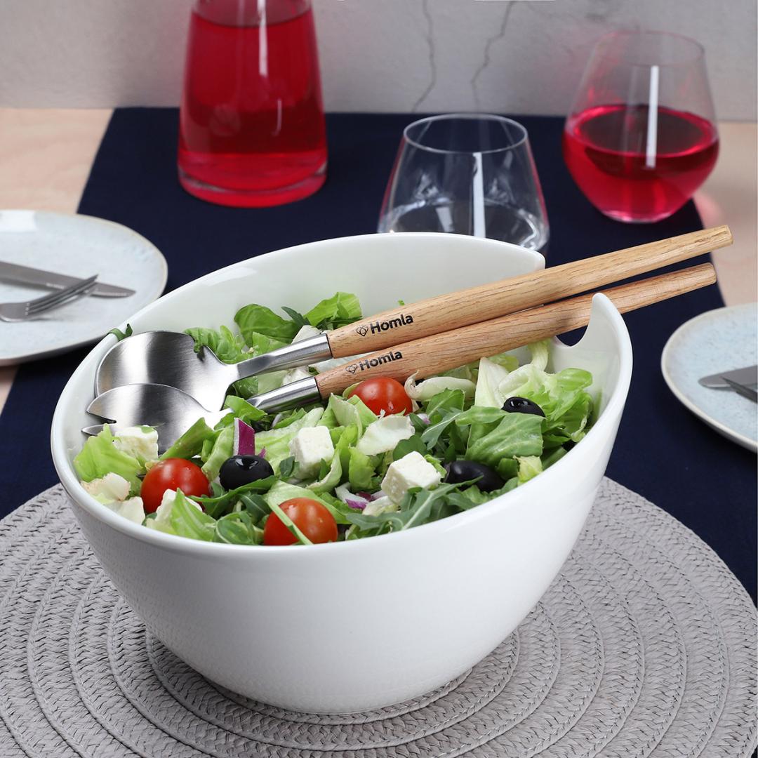 MOOKA Ceramic Salad Bowl with Utensils White 24 cm