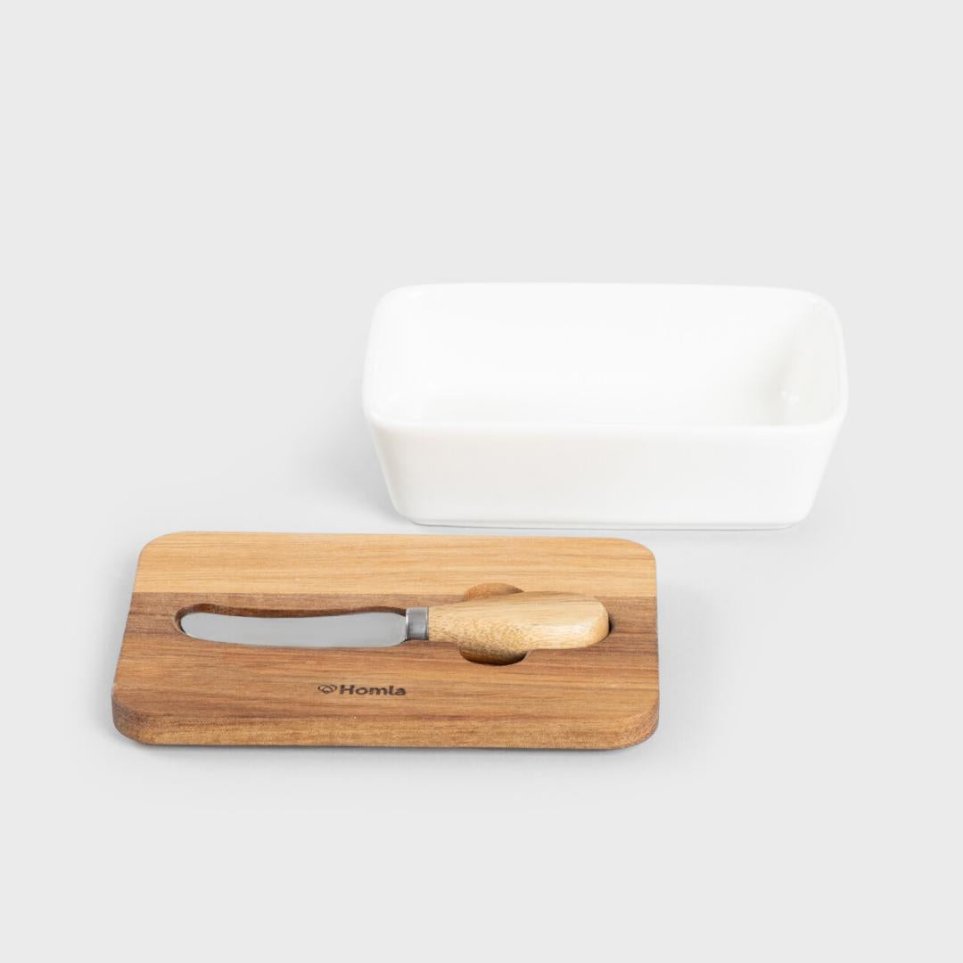 MOOKA Porcelain Butter Bowl with Acacia Lid and Knife White