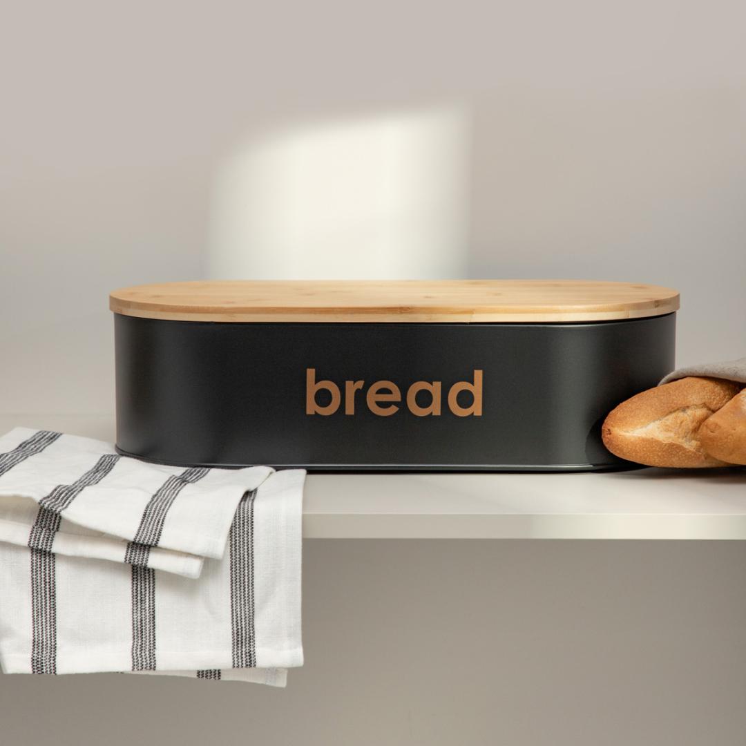 Parma Large Breadbox - Black Metal & Bamboo Bread Storage