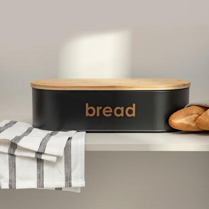 Parma Large Breadbox - Black Metal & Bamboo Bread Storage