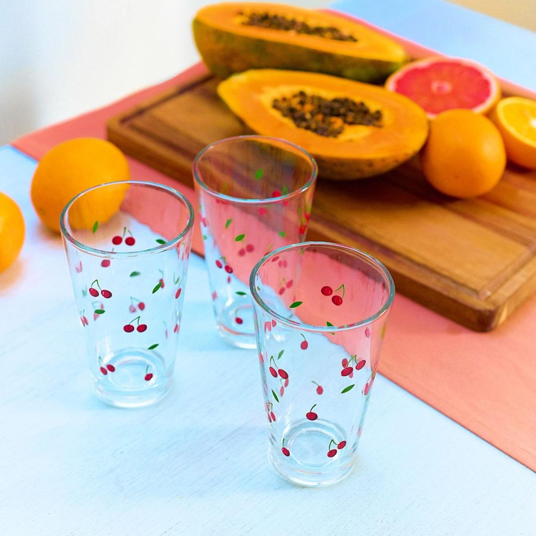 TOKEN SUMMER Cherry Glass Mugs Set of 3, 0.3L Each
