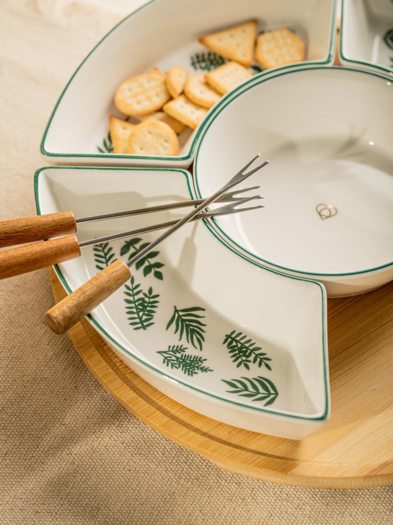 FINCAN Ceramic Serving Platter with Green Leaves 30cm