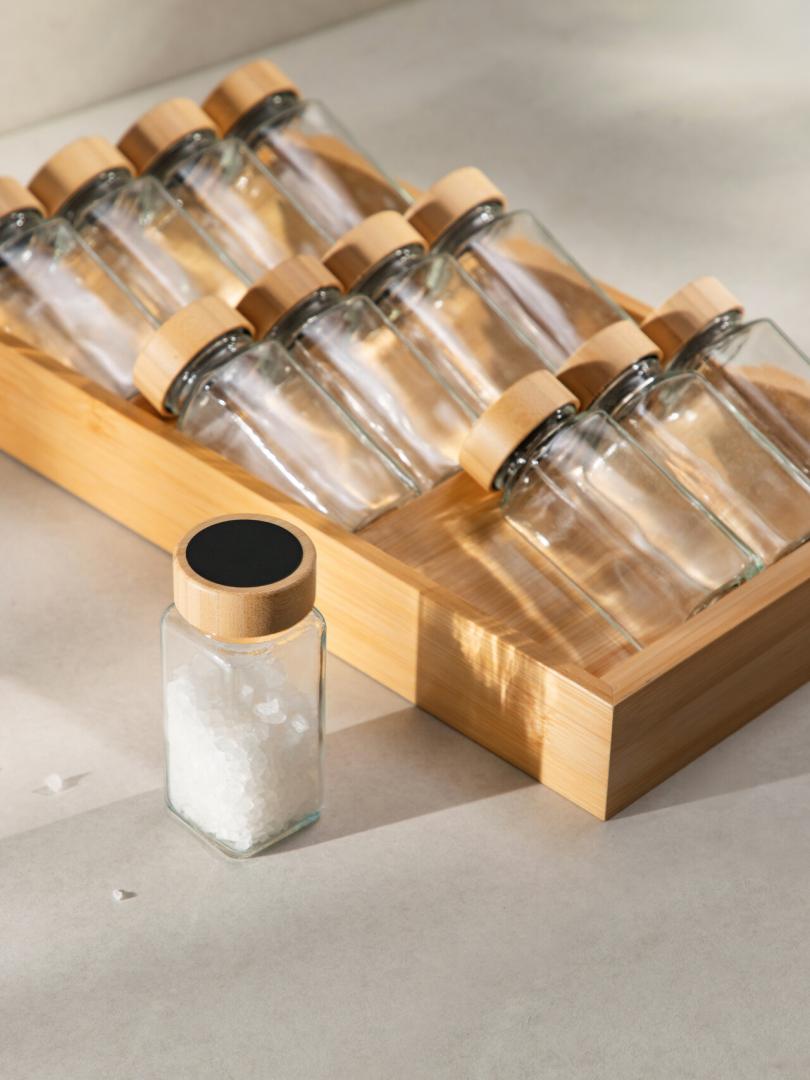 FORCINA Spice Jar Set in Bamboo Box | 12 Glass Jars 110ml