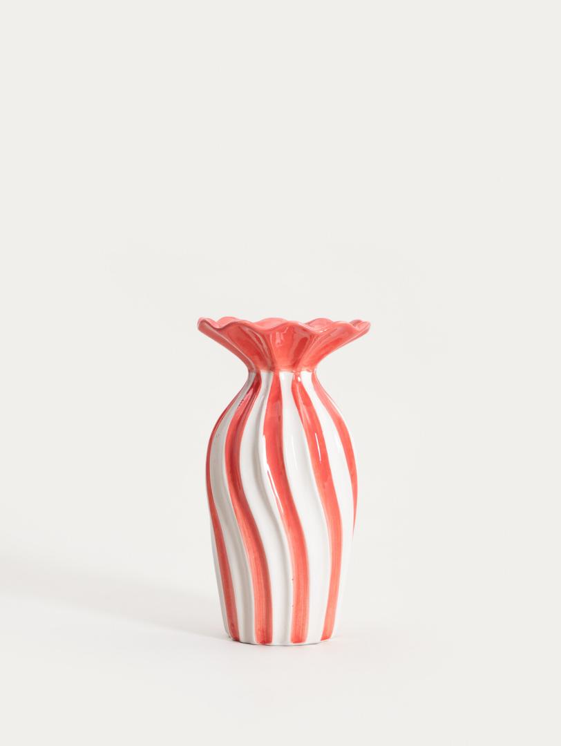 AURELIA Ceramic Vase with Corrugated Top in White and Coral