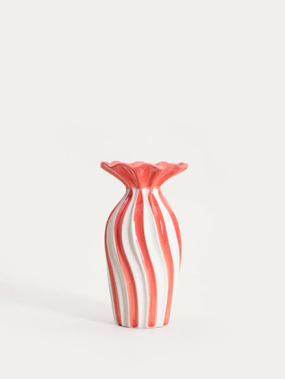 AURELIA Ceramic Vase with Corrugated Top in White and Coral
