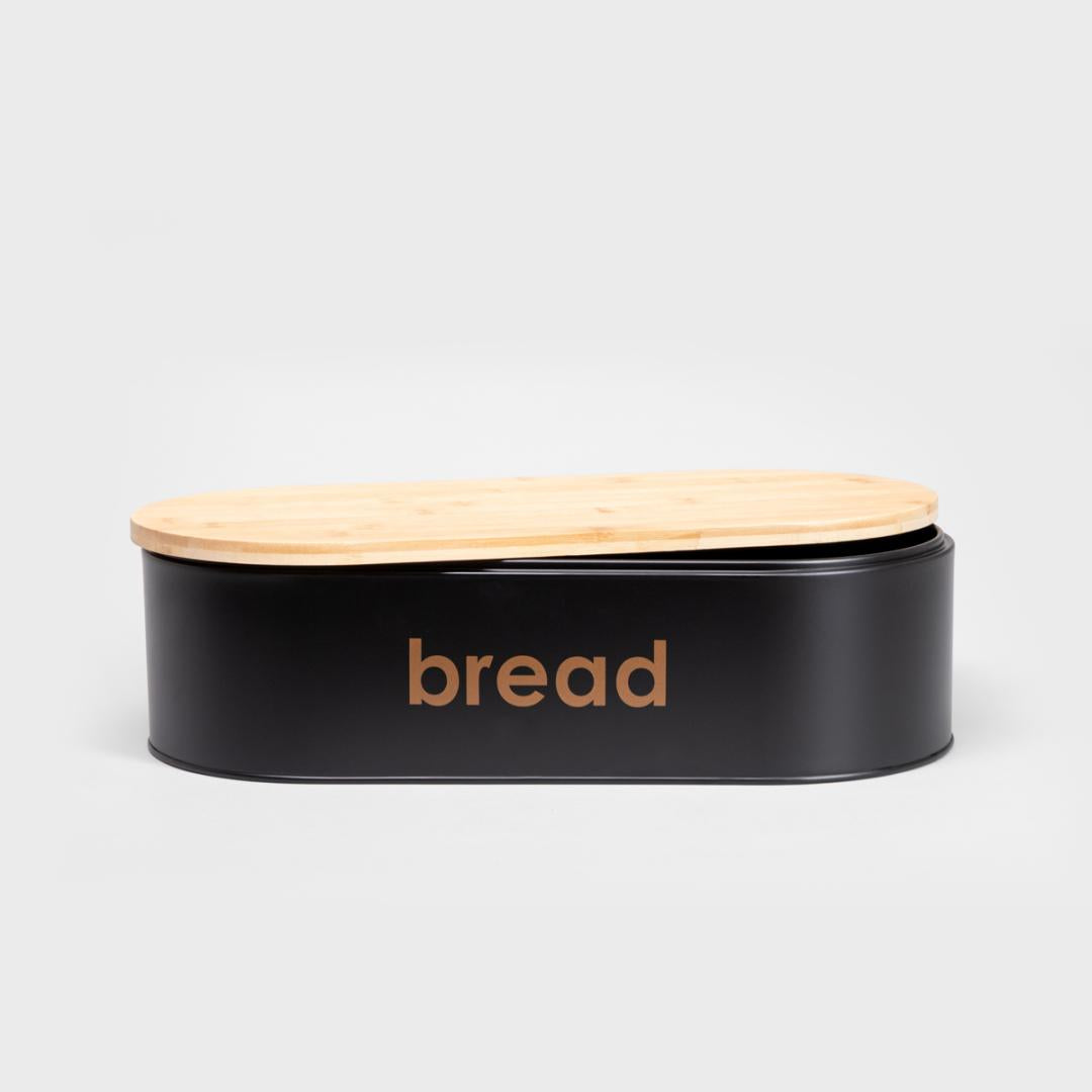 Parma Large Breadbox - Black Metal & Bamboo Bread Storage