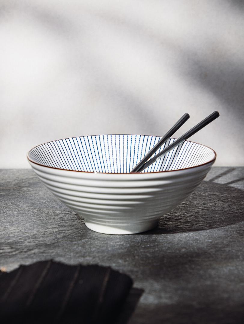 Salado Striped Ceramic Bowl with Brown Rim 21 cm