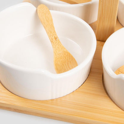 FINCAN Serving Bowls Set of 4 - White Ceramic & Bamboo