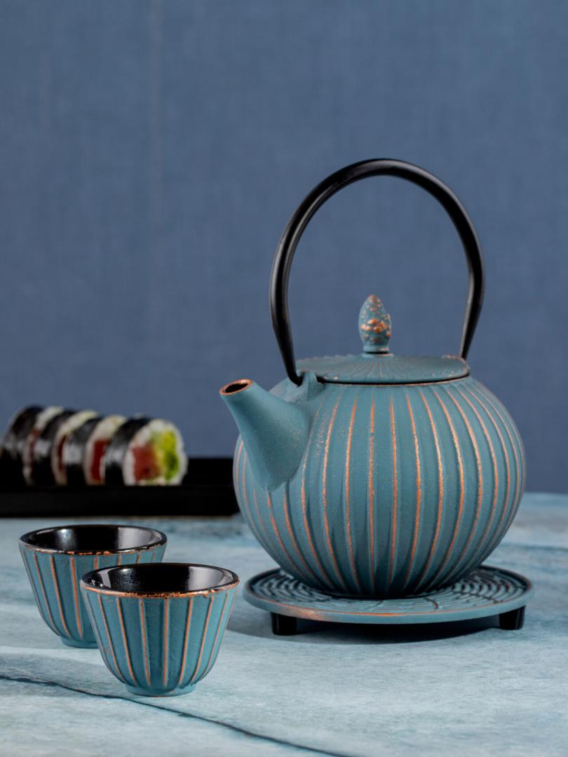ANDREAS Cast Iron Blue Gold Tea Set - 4 Piece Infuser Set