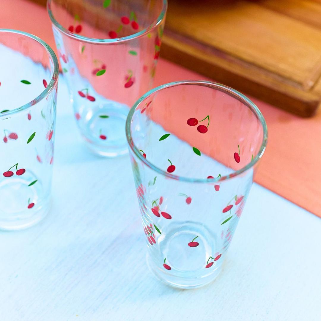 TOKEN SUMMER Cherry Glass Mugs Set of 3, 0.3L Each