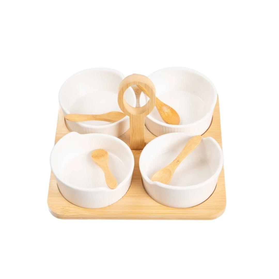 FINCAN Serving Bowls Set of 4 - White Ceramic & Bamboo